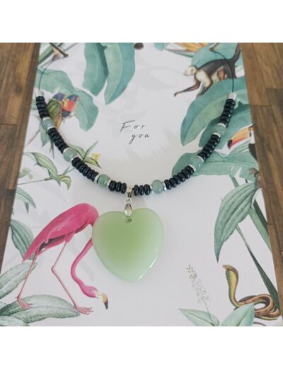 Collier Jade/aventurine/hématite/noir cœur