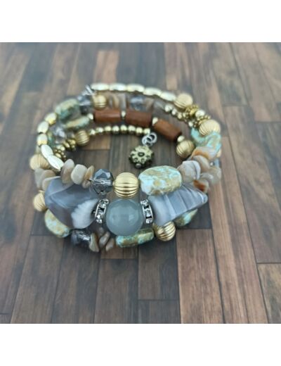Bracelet multi-rangs gris/marron/doré