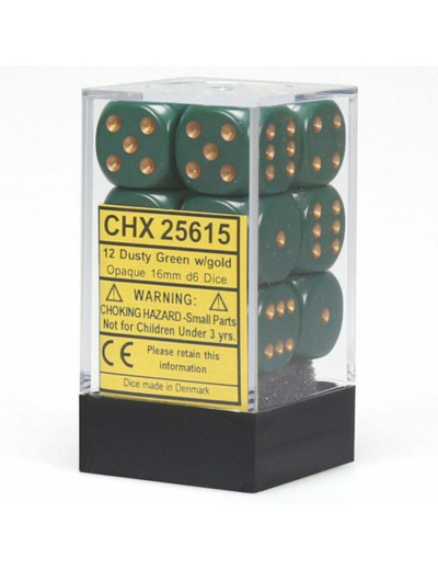 CHESSEX - Set de 12 dés 6 - OPAQUE - Vert Gris/Or