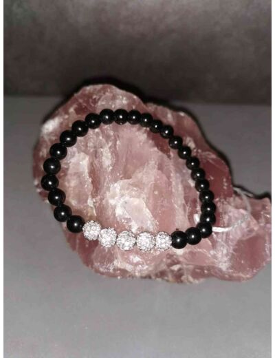 Bracelet perles 6mm Agate noire et strass