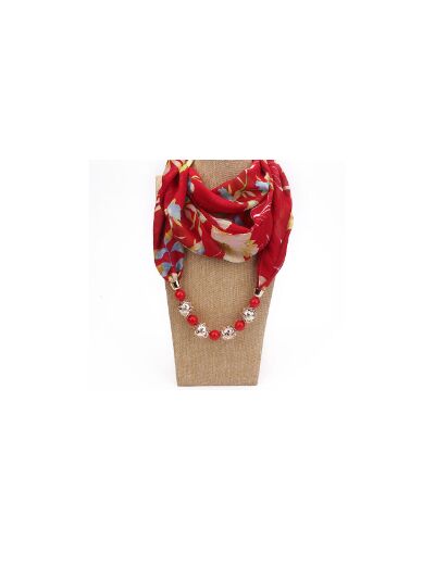 Foulard coton rouge à fleurs collier rouge/argenté