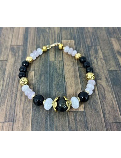 Bracelet Obsidienne/Quartz rose doré