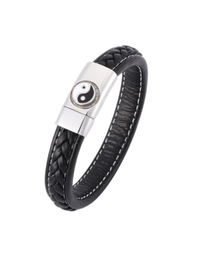 Bracelet en cuir véritable Ying Yang pour hommes