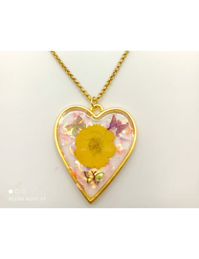 Pendentif résine cœur fleur jaune/doré #16