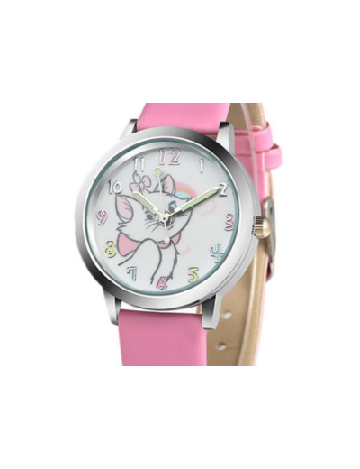 Montre à Quartz enfant en cuir rose motif chat