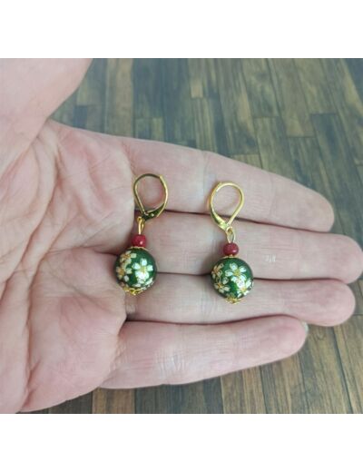 Boucles d'oreilles émaillées vert/doré/rouge