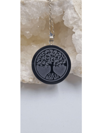 Pendentif obsidienne arbre de vie métal argenté vendu sans la chaine 45mm LPG011221