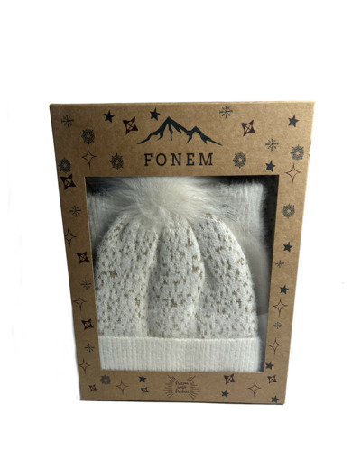 Fonem Lot Gants, Echarpe & Bonnet A Paillettes Ecru