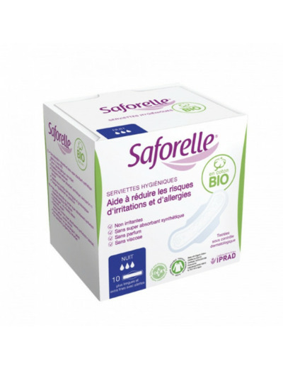 Serviettes Hygiéniques Nuit avec ailettes coton bio x10 Saforelle