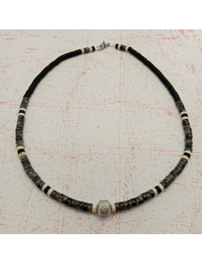 Collier homme en pierres naturelles labradorite/noir/greige