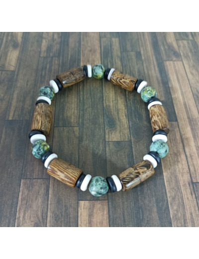 Bracelet homme bois et agate vert récif