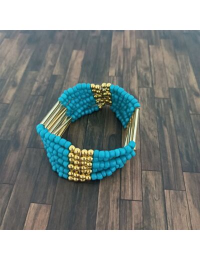Bracelet élastique multi-rangs turquoise/doré