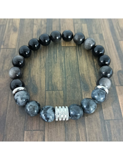 Bracelet homme obsidienne/labradorite argenté 10mm