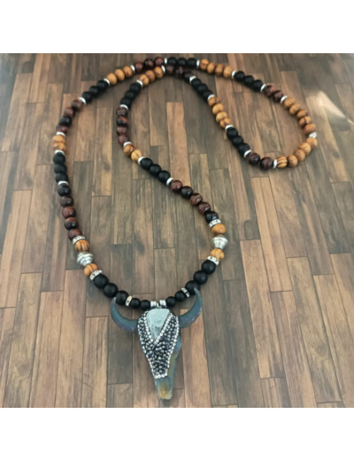 Collier long taureau agate noire, œil de taureau et bois