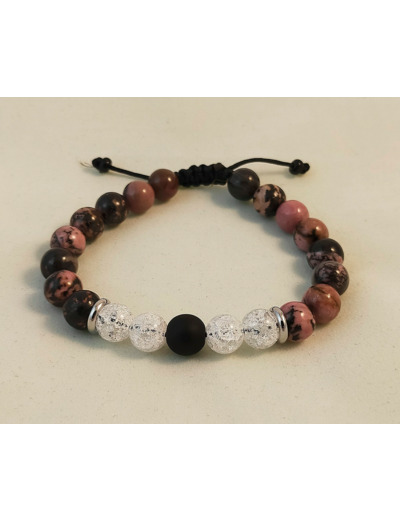 Bracelet ajustable Rhodonite / cristal de roche craquelé / agate noire