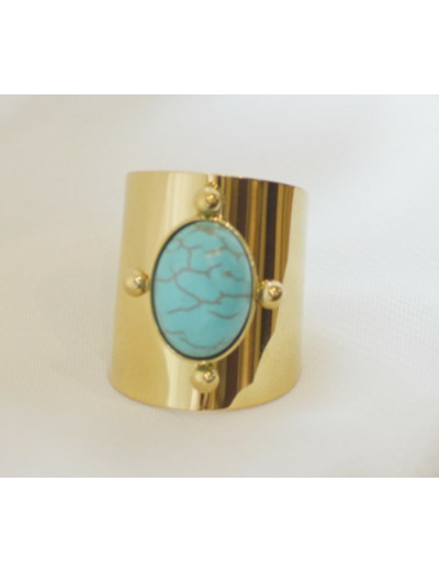 Bague large en acier inoxydable doré et pierre turquoise