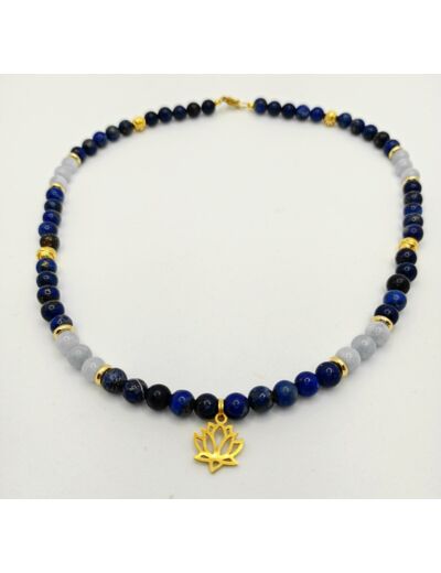 Collier Lapis Lazuli/aigue marine/doré lotus