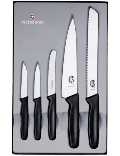 Victorinox 5.1163.5 Coffret Cadeaux: 5 Pièces Manche Noir : 2 Couteaux Office + 1 Couteau à Tomate + 1 Couteau à Découper + 1 Couteau à Pain