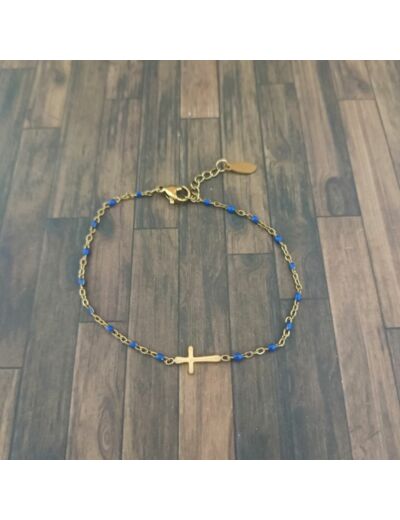 Bracelet croix  en acier inoxydable doré et bleu