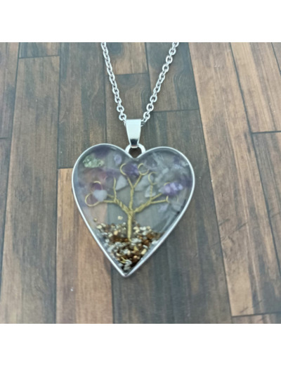 Pendentif arbre de vie résine/pierres naturelles cœur 7