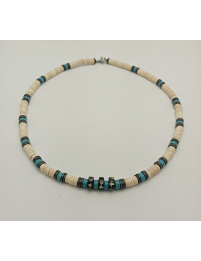 Collier homme turquoise blanc/turquoise/hématite/os de yac