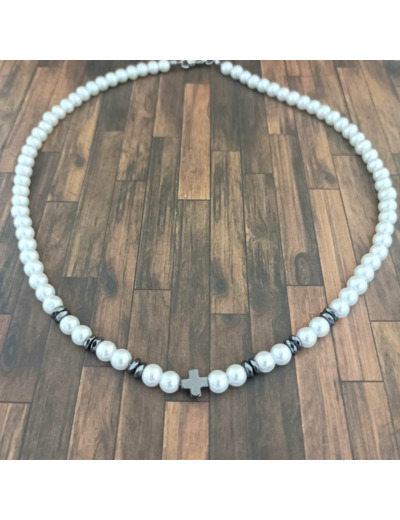 Collier homme perles blanches et hématite