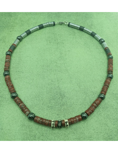 Collier homme hématite/jaspe rouge