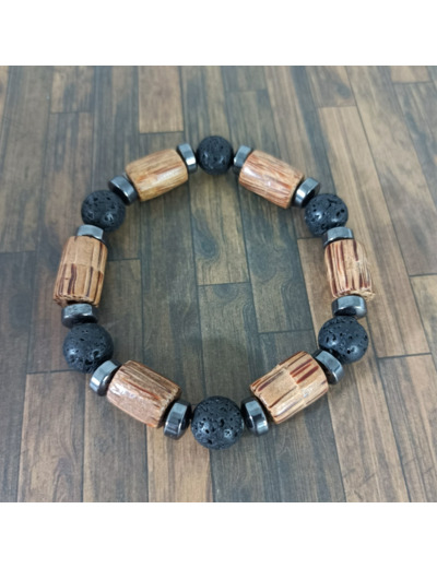 Bracelet homme bois/pierre de lave/hématite 10mm