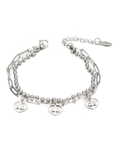 Bracelet double chaîne arbre de vie cœur en acier inox