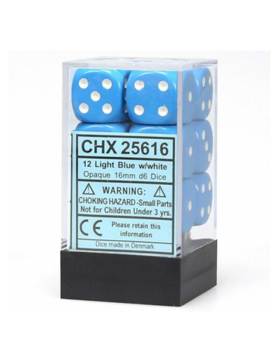 CHESSEX - Set de 12 dés 6 - OPAQUE - Bleu Clair/Blanc