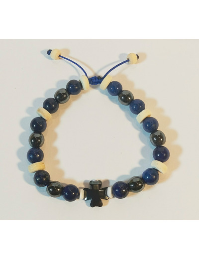 Perles hématite, lapis lazuli, bois naturel, ajustable