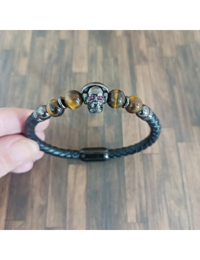 Bracelet homme cuir/œil de tigre/tête de mort