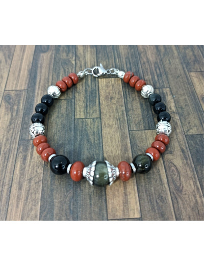 Bracelet Obsidienne/Jaspe rouge argenté