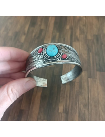 Bracelet ouvert en pierre naturelle et argent Antique rouge bleu