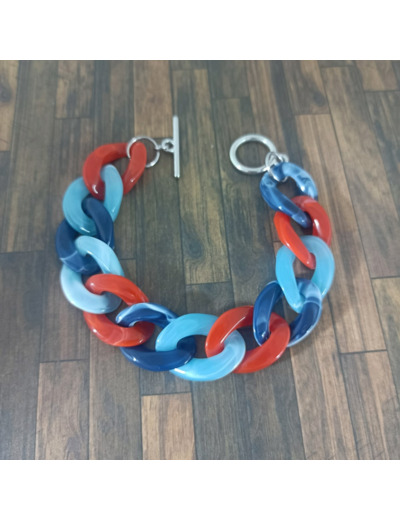 Bracelet gros maillons bleu ciel/bleu/rouge argenté 22mm