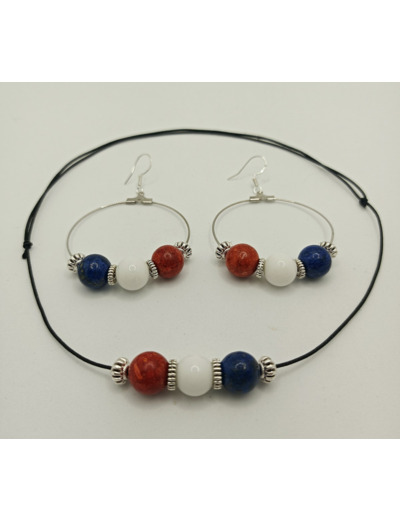 Parure bleu/blanc/rouge en pierres naturelles