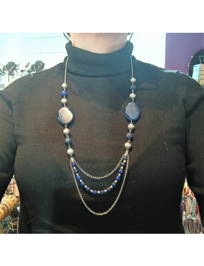 Collier long agate bleu, Lapis Lazuli, hématite