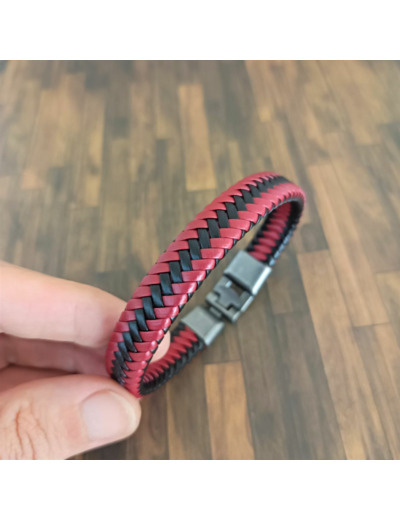 Bracelet homme cuir rouge et noir