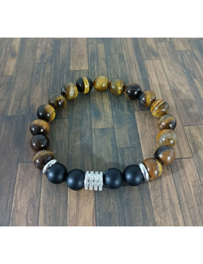 Bracelet homme œil de tigre/agate noire argenté 10mm