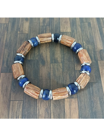 Bracelet homme bois et lapis lazuli argenté 10mm