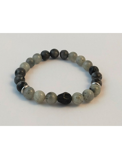 Bracelet en labradorite, tête de mort en howlite noire