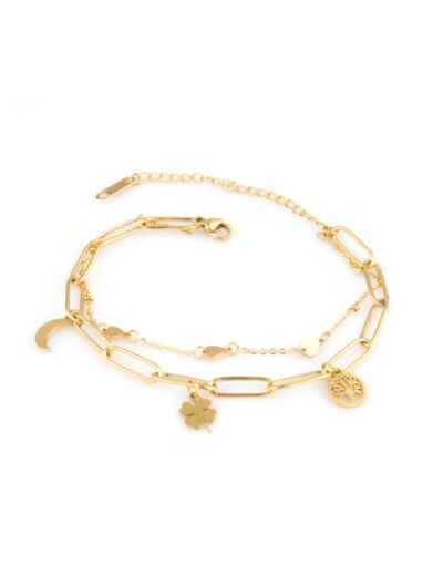Bracelet double chaîne trèfle/arbre de vie/lune en acier inox doré