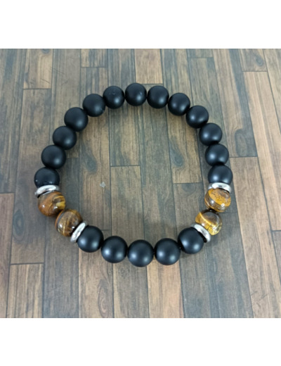 Bracelet agate noire/œil de tigre argenté 10mm