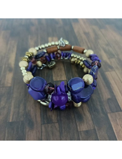 Bracelet multi-rangs violet/marron/doré