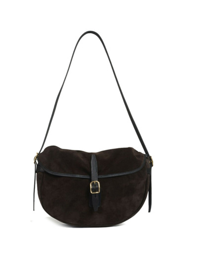 Bleu de Chauffe Sac Musette Demi Lune Margot Cuir Velours Marron Fonce