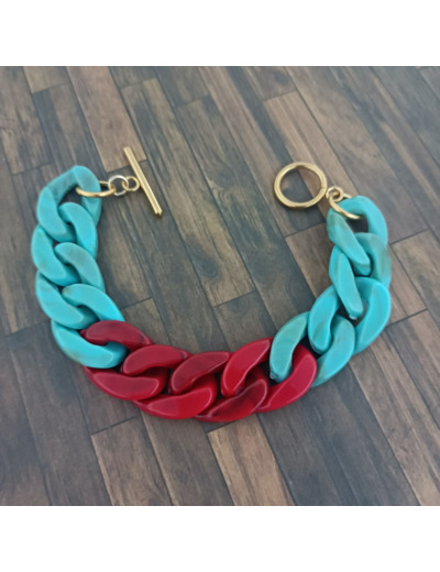 Bracelet gros maillons turquoise/rouge 2 doré   22mm