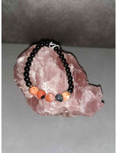 Bracelet perles 6mm Agate noire et Calcite orange