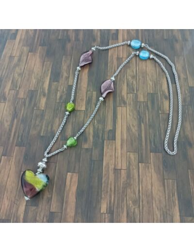 Collier cœur et perles Murano, chaîne en acier inox