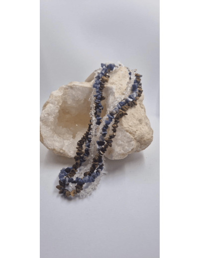 Collier triple sodalite oeil de tigre cristal de roche olpa1883