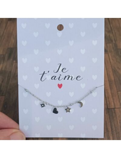 Bracelet carte "Je t'aime" chaîne et breloques en acier inox